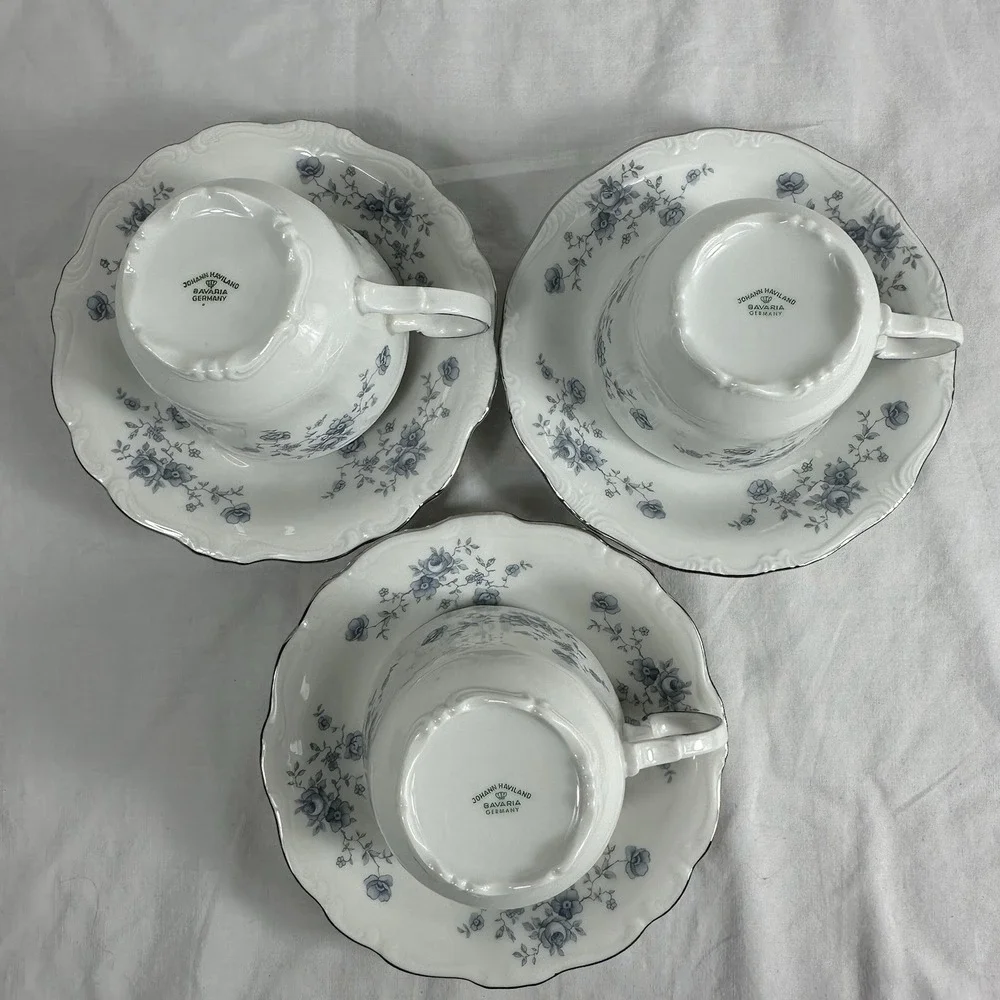 3 Johann Haviland Blue Garland Tea Sets 3 Cups & 3 Saucers Bavaria Germany